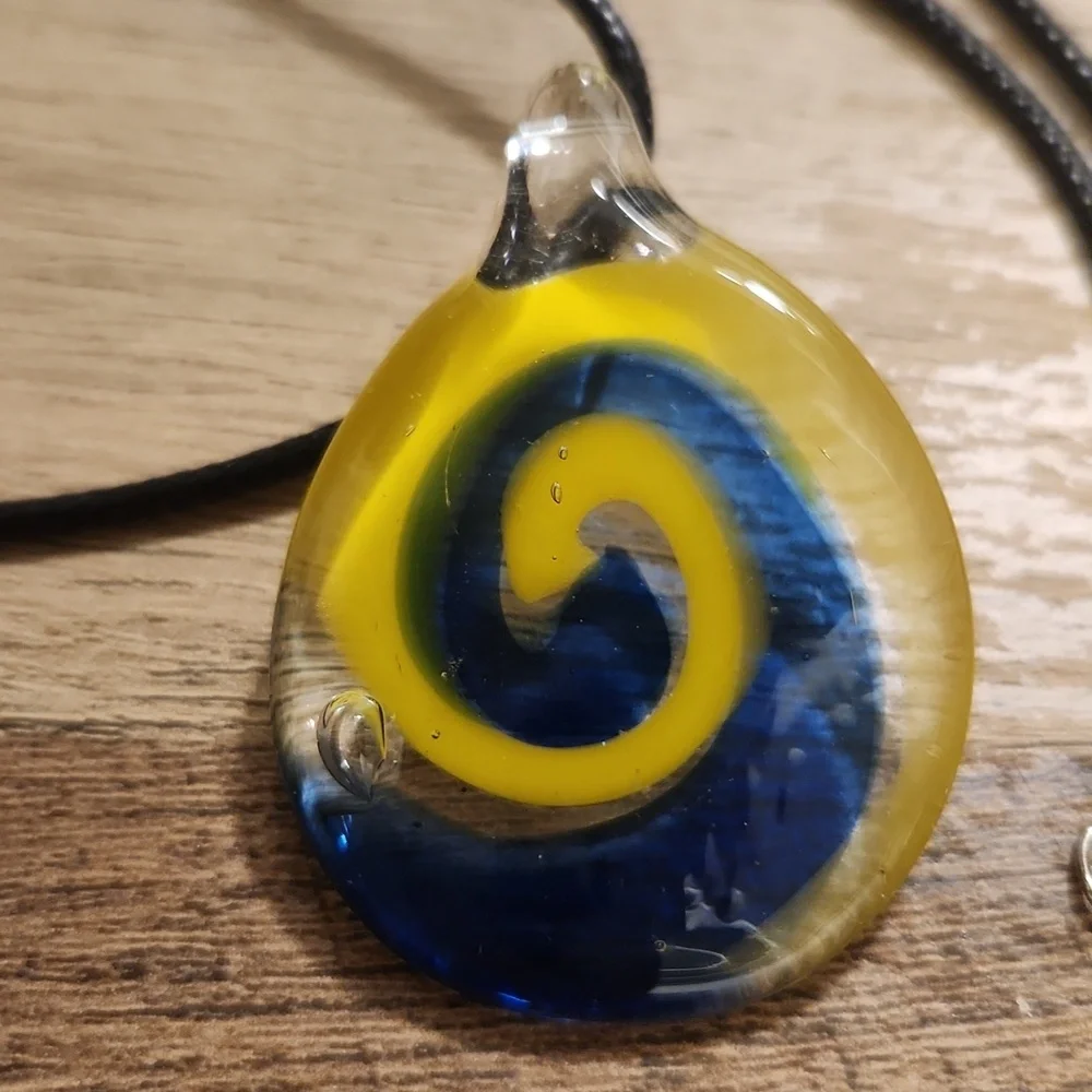Swirl Glass Pendant Necklace - Yellow and Blue - Picture 2 of 3